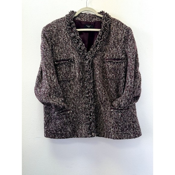 Talbots Woman Lined Tweed Jacket Blazer V Neck Snap Button Wine Size 24W - Picture 1 of 10